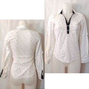 Zara Nautical Anchor Print White Long Sleeve Top XS Quarter Button Chic Preppy